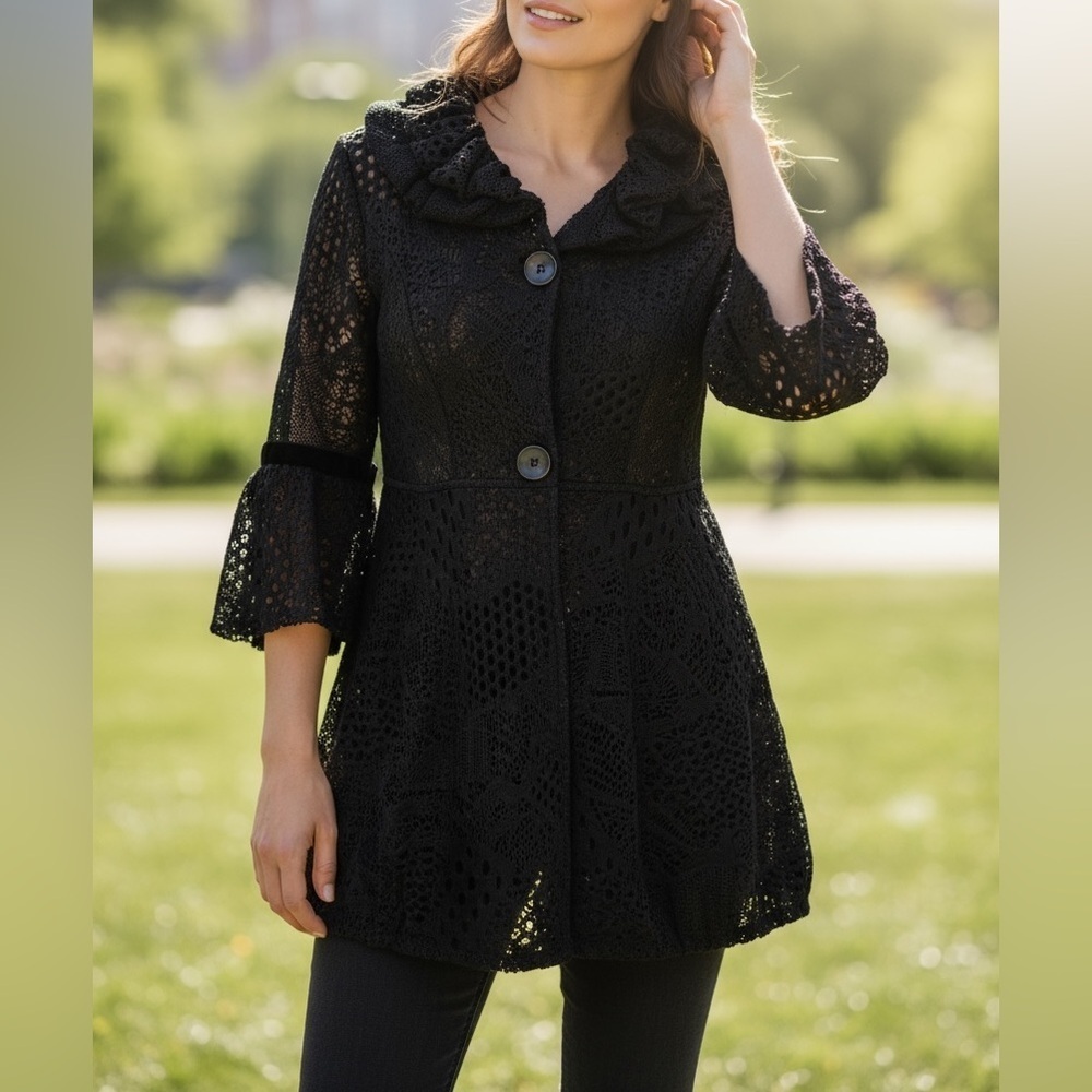Damee, Inc Black Lace Crochet Ruffle Collar Jacket Coatigan Whimsygoth Fairy M